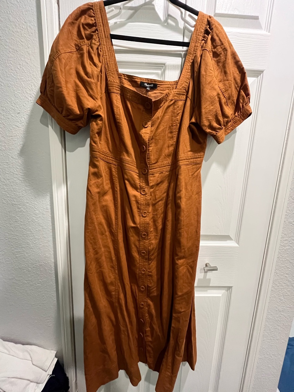 Madewell Rust Button-Front Midi Dress with Puff Sleeves